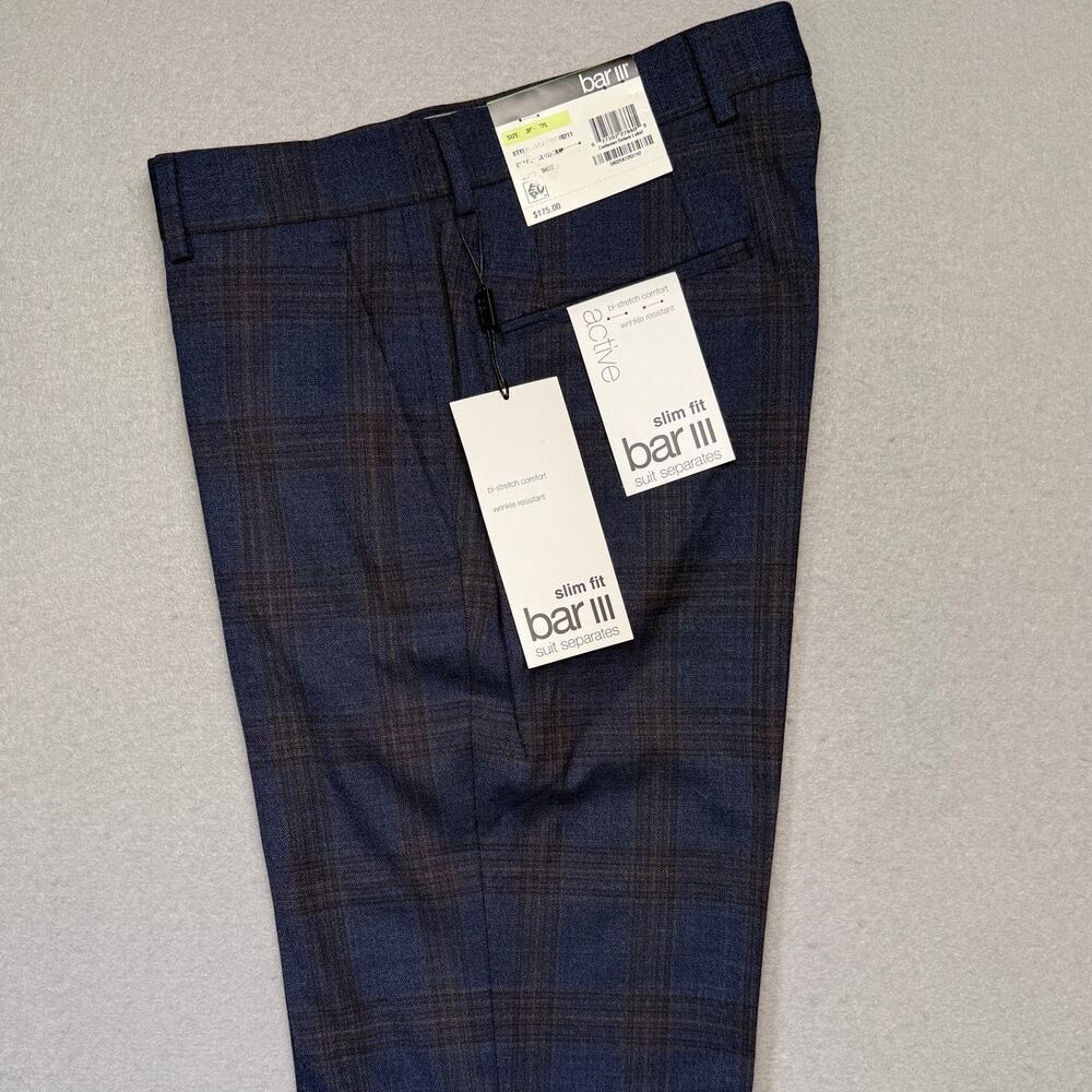 Bar III Men's Slim-Fit Wool Blend Stretch Dress Pants Navy Plaid 30x32 $175